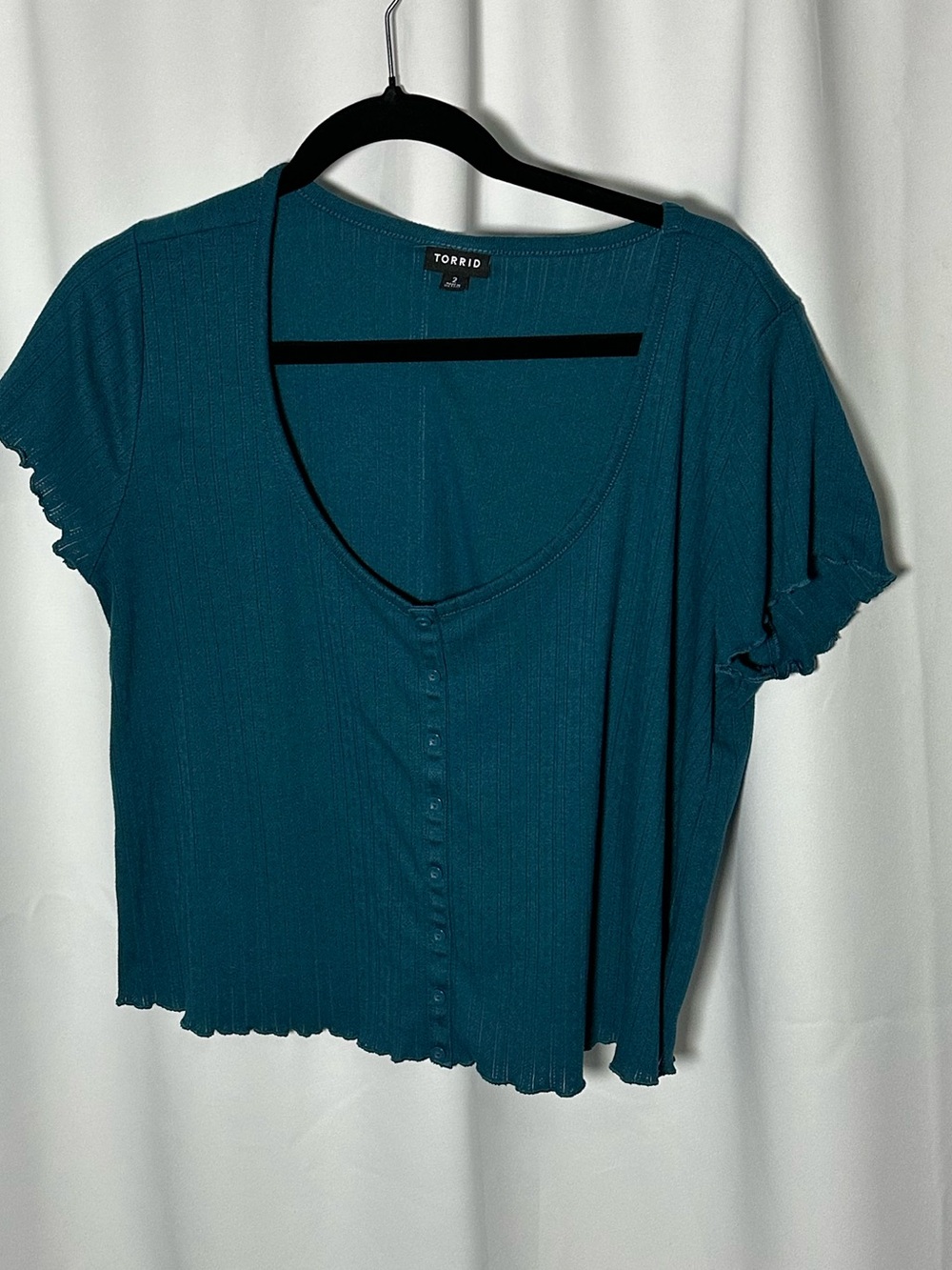 Torrid Teal Ribbed Button-Front Short Sleeve Top crop